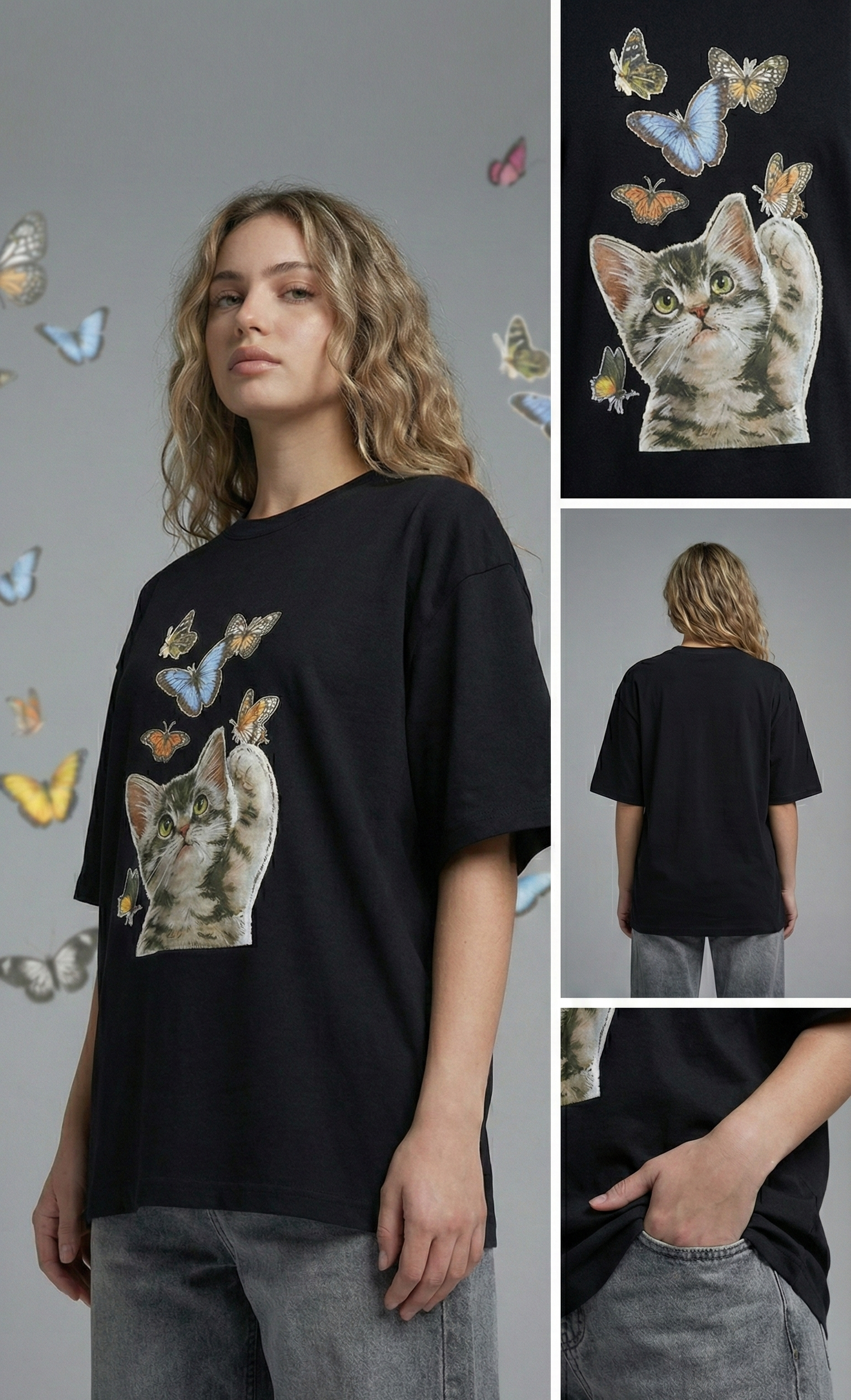 Butterflies and Cat : Oversized Smockey Tee